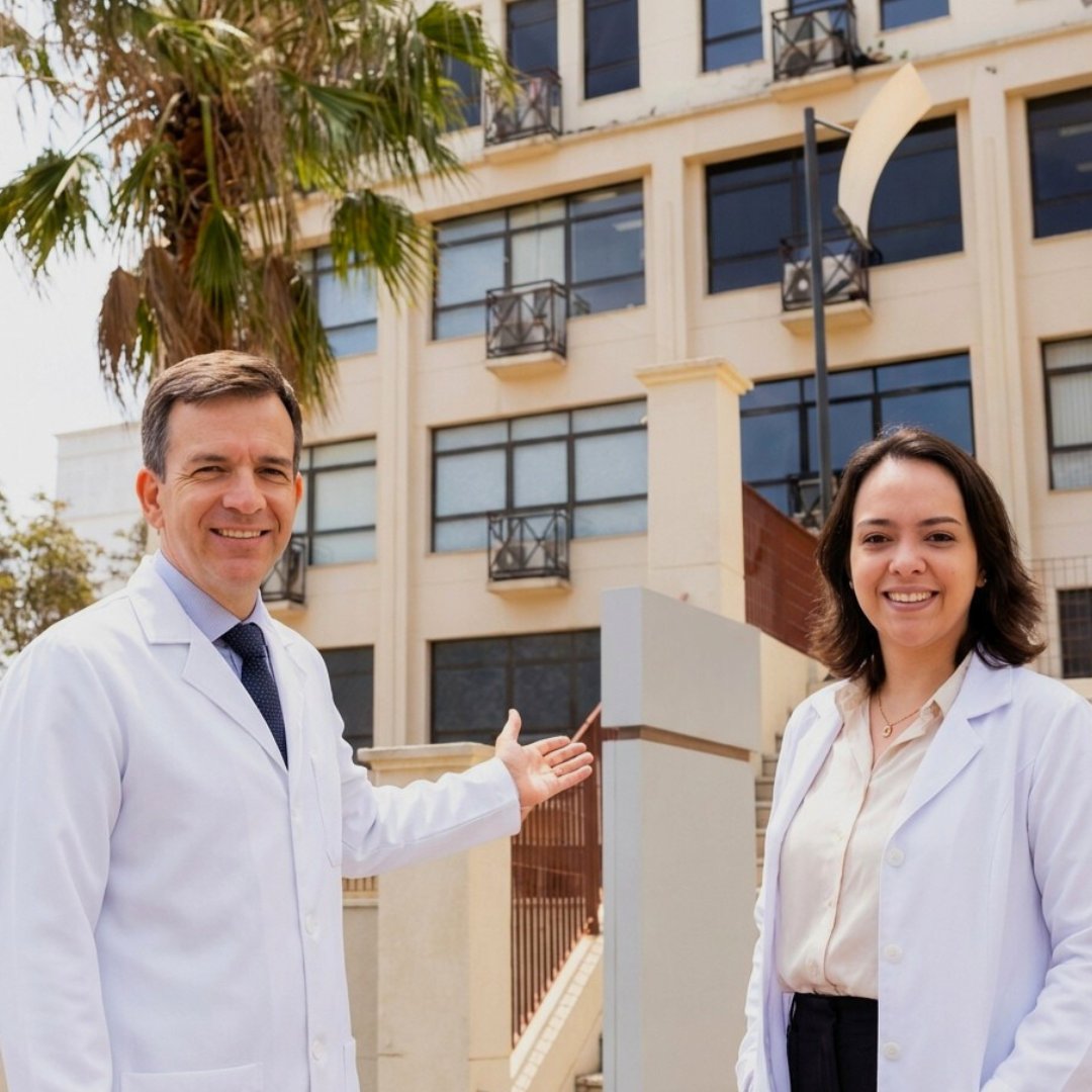 Dr. Marcos e Dra. Daniela em frente ao edifício onde fica a Clínica Carrossel
