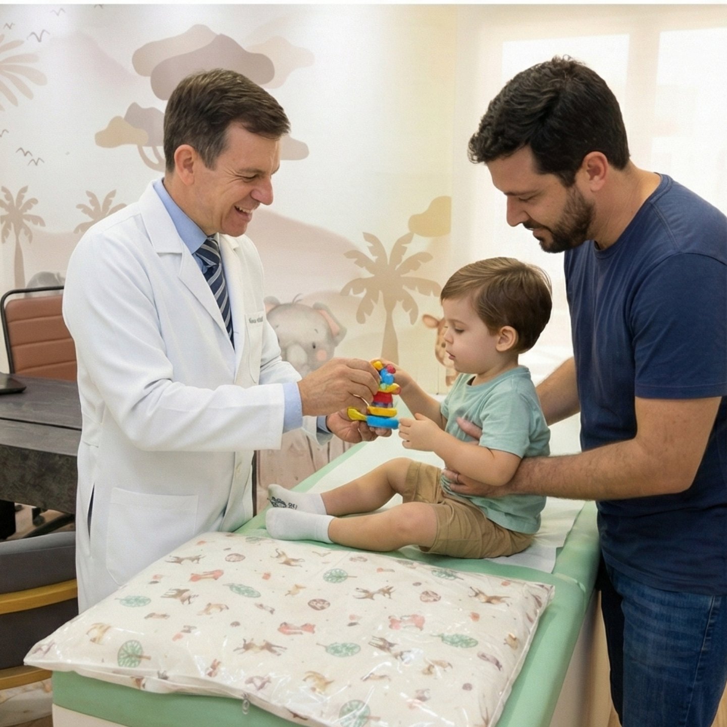 Dr. Marcos atendendo uma criança acompanhada pelo pai