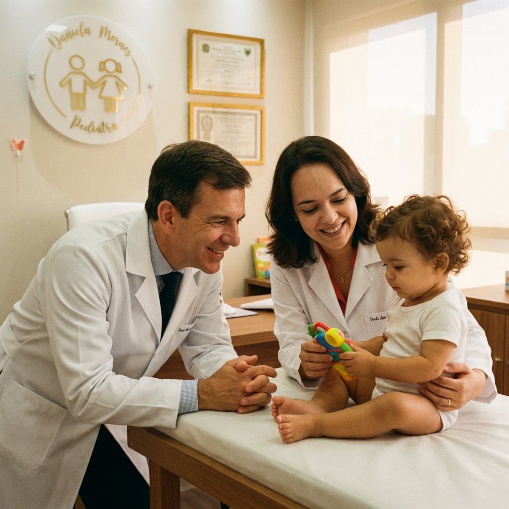 Dra. Daniela e Dr. Marcos acolhendo uma criança durante o atendimento